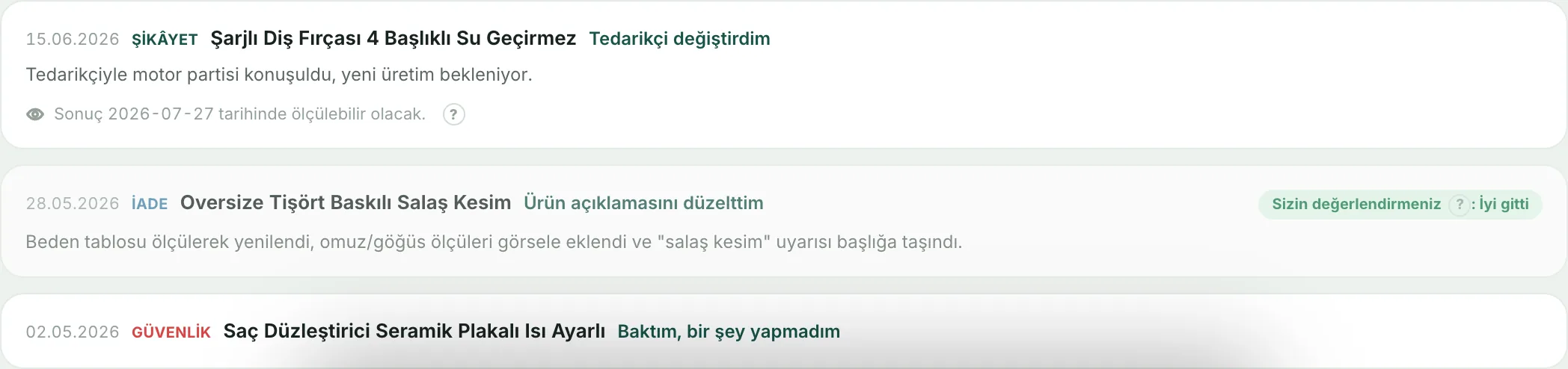 N-XPlus aksiyon defteri: kaydedilmiş müdahaleler, ölçüm tarihleri ve satıcının kendi değerlendirmesi