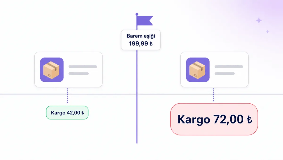 Yatay bir fiyat ekseninin ortasında mor dikey bir eşik çizgisi ve tepesinde “Barem eşiği 199,99 ₺” yazan bayrak rozeti. Eşiğin solunda ve sağında birebir aynı ürün kartı duruyor; soldaki karta kesikli çizgiyle bağlı küçük yeşil pil “Kargo 42,00 ₺”, sağdaki karta bağlı belirgin biçimde daha büyük mercan pil “Kargo 72,00 ₺” yazıyor.