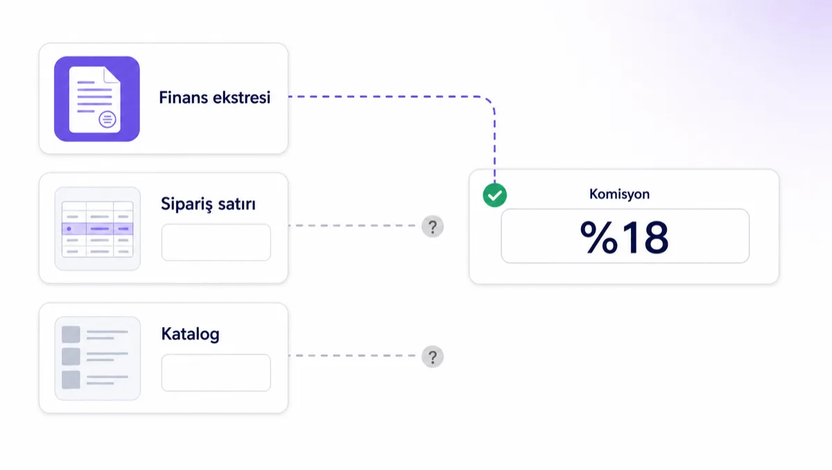 Ortada “Komisyon” etiketli bir form alanı ve içinde %18 değeri; soldan üç kaynak kartı bu alana uzanıyor: Finans ekstresi canlı mor kesikli çizgiyle bağlı ve ucunda yeşil onay rozeti var, Sipariş satırı ile Katalog kartlarının değer kutuları boş ve bağlantıları soluk gri, uçlarında soru işareti rozeti duruyor.